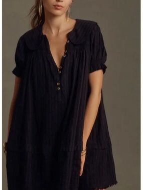 ANTHROPOLOGIE FINDLEY PUFF-SLEEVE COLLARED MINI DRESS BY PILCRO​- black